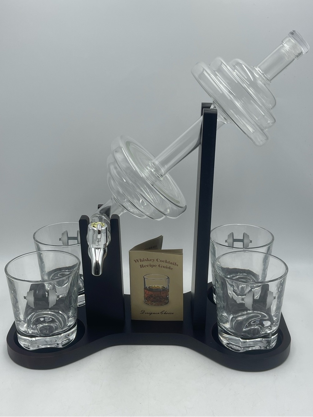 Designer Choice: Glass Dumbbell Whiskey Decanter Set w/ Display Tray & 4 Glasses
